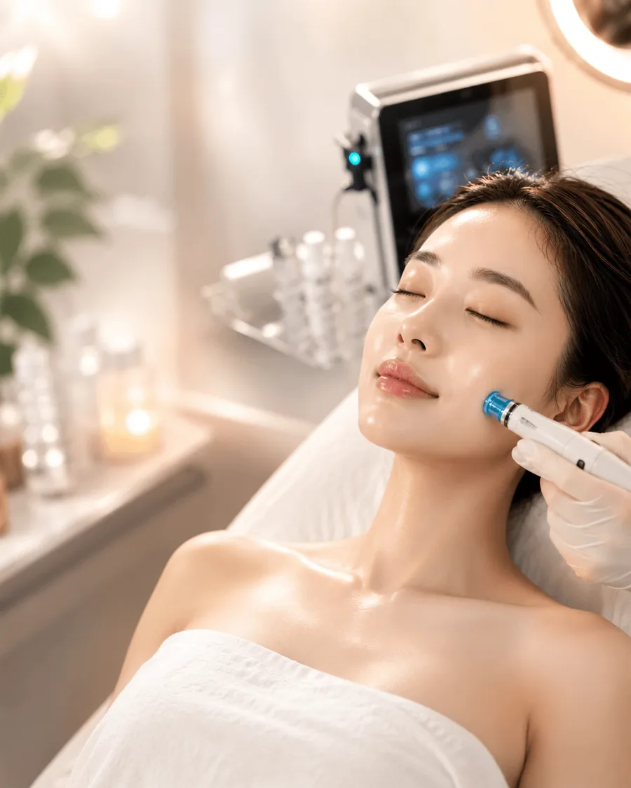 Glowing skin close-up representing the K-Glow Korean Hydrafacial menu